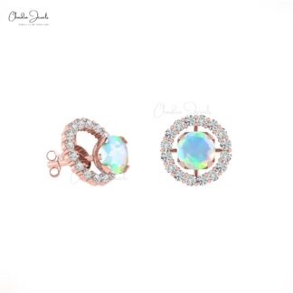 Ethiopian Opal And Real White Diamond 14K Solid Gold Halo Detachable Earrings October Birthstone