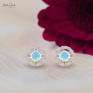 Ethiopian Opal And Real White Diamond 14K Solid Gold Halo Detachable Earrings October Birthstone
