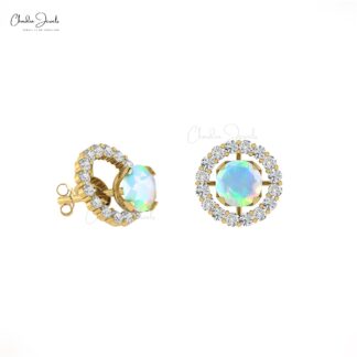 Ethiopian Opal And Real White Diamond 14K Solid Gold Halo Detachable Earrings October Birthstone