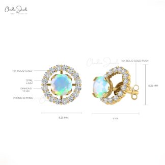 Ethiopian Opal And Real White Diamond 14K Solid Gold Halo Detachable Earrings October Birthstone