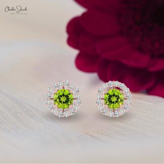 Authentic Green Peridot & G-H Diamond Halo Earring 14k Gold Detachable Stud for Women