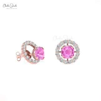 AAA Pink Sapphire Detachable Earrings 14k Real Gold Diamond Halo Studs 4mm Round Cut Natural Gemstone Light Weight Jewelry For Women’s
