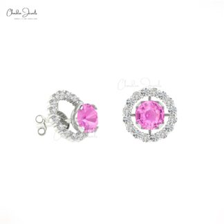 AAA Pink Sapphire Detachable Earrings 14k Real Gold Diamond Halo Studs 4mm Round Cut Natural Gemstone Light Weight Jewelry For Women's