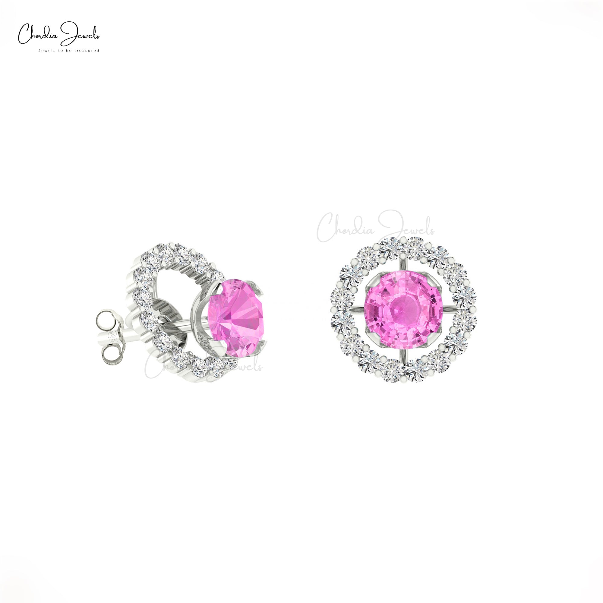 AAA Pink Sapphire Detachable Earrings 14k Real Gold Diamond Halo Studs 4mm Round Cut Natural Gemstone Light Weight Jewelry For Women’s