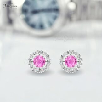 AAA Pink Sapphire Detachable Earrings 14k Real Gold Diamond Halo Studs 4mm Round Cut Natural Gemstone Light Weight Jewelry For Women’s