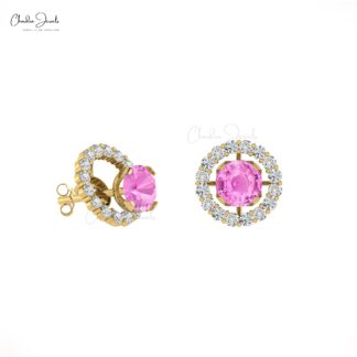 AAA Pink Sapphire Detachable Earrings 14k Real Gold Diamond Halo Studs 4mm Round Cut Natural Gemstone Light Weight Jewelry For Women’s