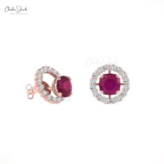 Detachable 5mm Round Red Ruby And Diamond Halo Stud Earrings In 14k Real Gold
