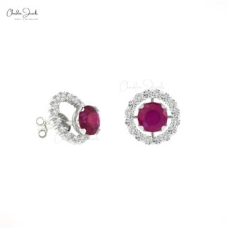 Detachable 5mm Round Red Ruby And Diamond Halo Stud Earrings In 14k Real Gold