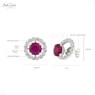 Detachable 5mm Round Red Ruby And Diamond Halo Stud Earrings In 14k Real Gold