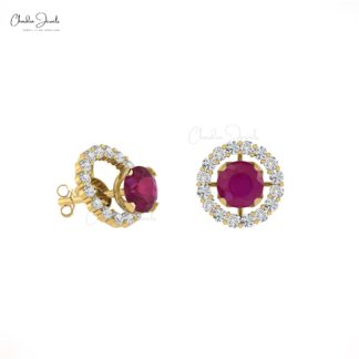 Detachable 5mm Round Red Ruby And Diamond Halo Stud Earrings In 14k Real Gold