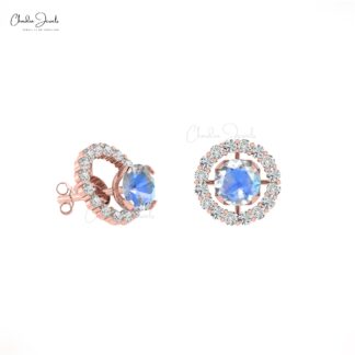Authentic Rainbow Moonstone & G-H Diamond Halo Earring 14k Gold Detachable Stud for Women