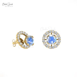 Authentic Rainbow Moonstone & G-H Diamond Halo Earring 14k Gold Detachable Stud for Women