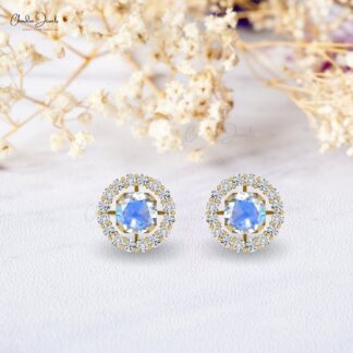 Authentic Rainbow Moonstone & G-H Diamond Halo Earring 14k Gold Detachable Stud for Women