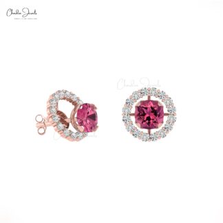 Natural Pink Tourmaline Diamond 14K Gold Halo Stud Earrings For Women