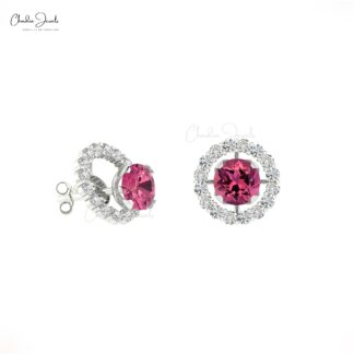 Natural Pink Tourmaline Diamond 14K Gold Halo Stud Earrings For Women