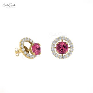 Natural Pink Tourmaline Diamond 14K Gold Halo Stud Earrings For Women