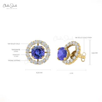 Luxurious Tanzanite Detachable Earrings 14k Real Gold White Diamond Push Back Studs 4mm Round Cut Natural Gemstone Jewelry For Gift