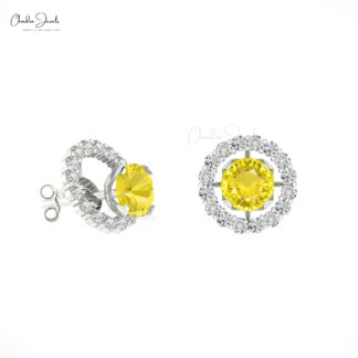 Natural Yellow Sapphire Halo Earrings 0.46Ct Round Gemstone Detachable Earrings 14k Real Gold Diamond Minimalist Jewelry For Bridal