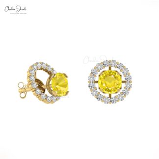 Natural Yellow Sapphire Halo Earrings 0.46Ct Round Gemstone Detachable Earrings 14k Real Gold Diamond Minimalist Jewelry For Bridal