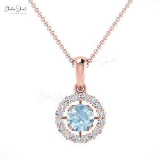 Brilliant Cut Diamond Circle Pendant with 4mm Aquamarine 14k Solid Gold Halo Pendant