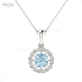 Brilliant Cut Diamond Circle Pendant with 4mm Aquamarine 14k Solid Gold Halo Pendant