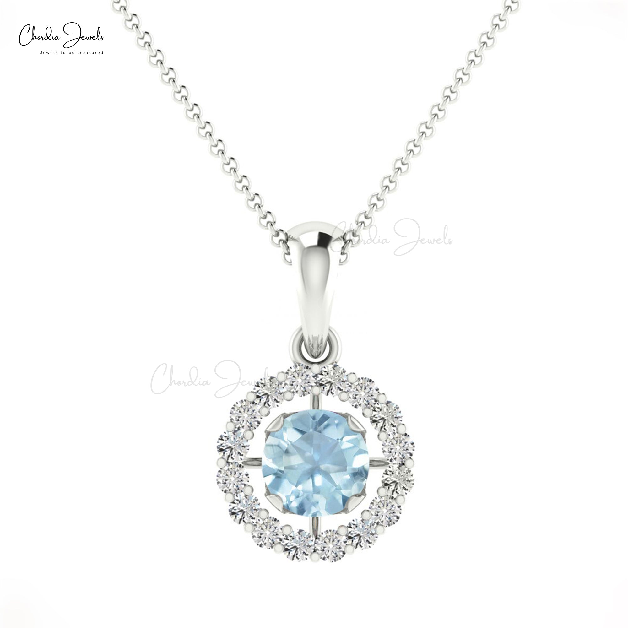 Brilliant Cut Diamond Circle Pendant with 4mm Aquamarine 14k Solid Gold Halo Pendant