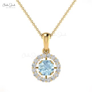 Brilliant Cut Diamond Circle Pendant with 4mm Aquamarine 14k Solid Gold Halo Pendant