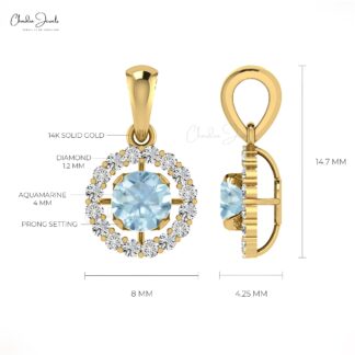 Brilliant Cut Diamond Circle Pendant with 4mm Aquamarine 14k Solid Gold Halo Pendant