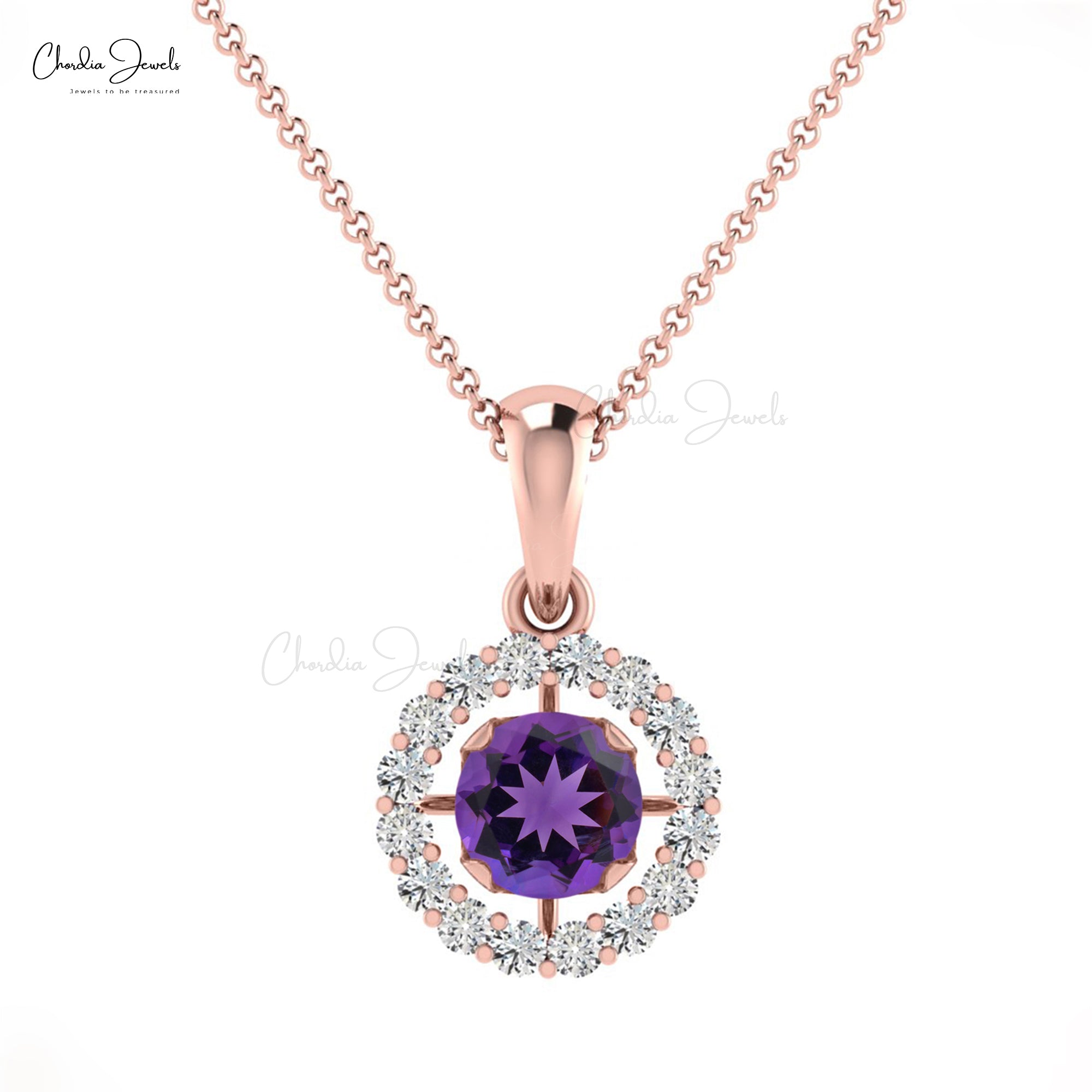 Brilliant Cut Halo Pendant in 14k Real Gold With 4mm Amethyst Gemstone Diamond Necklace