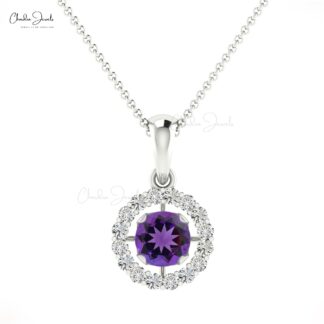 Brilliant Cut Halo Pendant in 14k Real Gold With 4mm Amethyst Gemstone Diamond Necklace