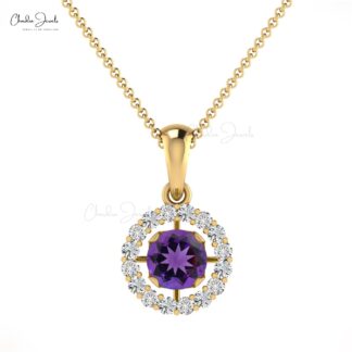 Brilliant Cut Halo Pendant in 14k Real Gold With 4mm Amethyst Gemstone Diamond Necklace