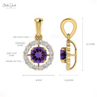 Brilliant Cut Halo Pendant in 14k Real Gold With 4mm Amethyst Gemstone Diamond Necklace