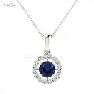 Halo Gemstone Pendant in 14k Solid Gold Blue Sapphire ANd Diamond Hallmarked Pendant