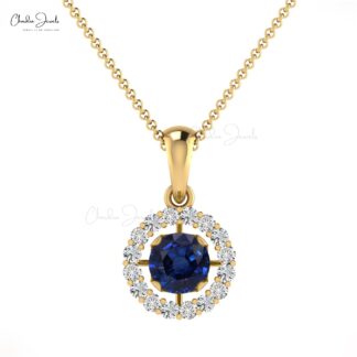 Halo Gemstone Pendant in 14k Solid Gold Blue Sapphire ANd Diamond Hallmarked Pendant