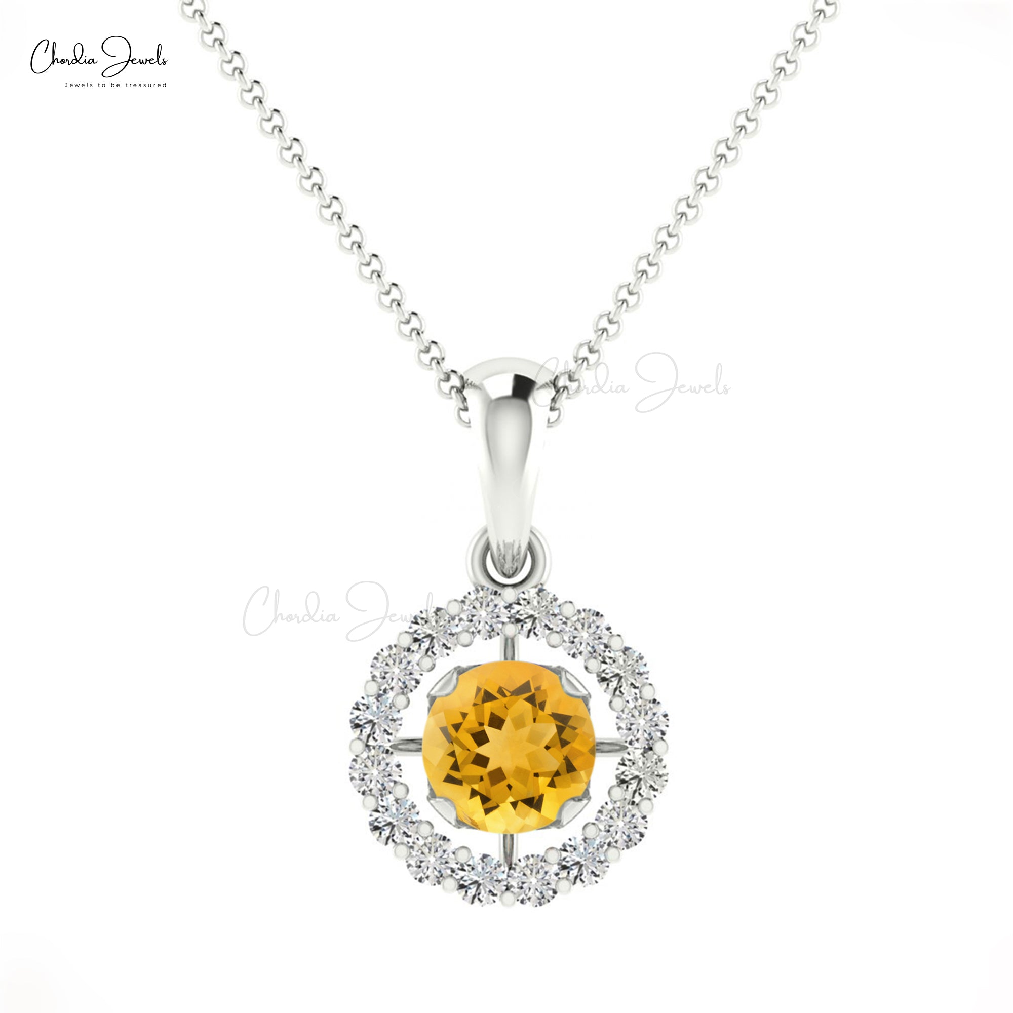 Brilliant Cut Gemstone Halo Pendant in 14k Solid Gold Citrine And Diamond Dangle Necklace