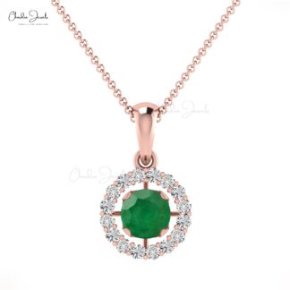 Women’s Halo Pendant With Round Emerald & White Diamond 14k Solid Gold Birthstone Pendant