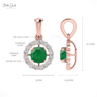Women’s Halo Pendant With Round Emerald & White Diamond 14k Solid Gold Birthstone Pendant