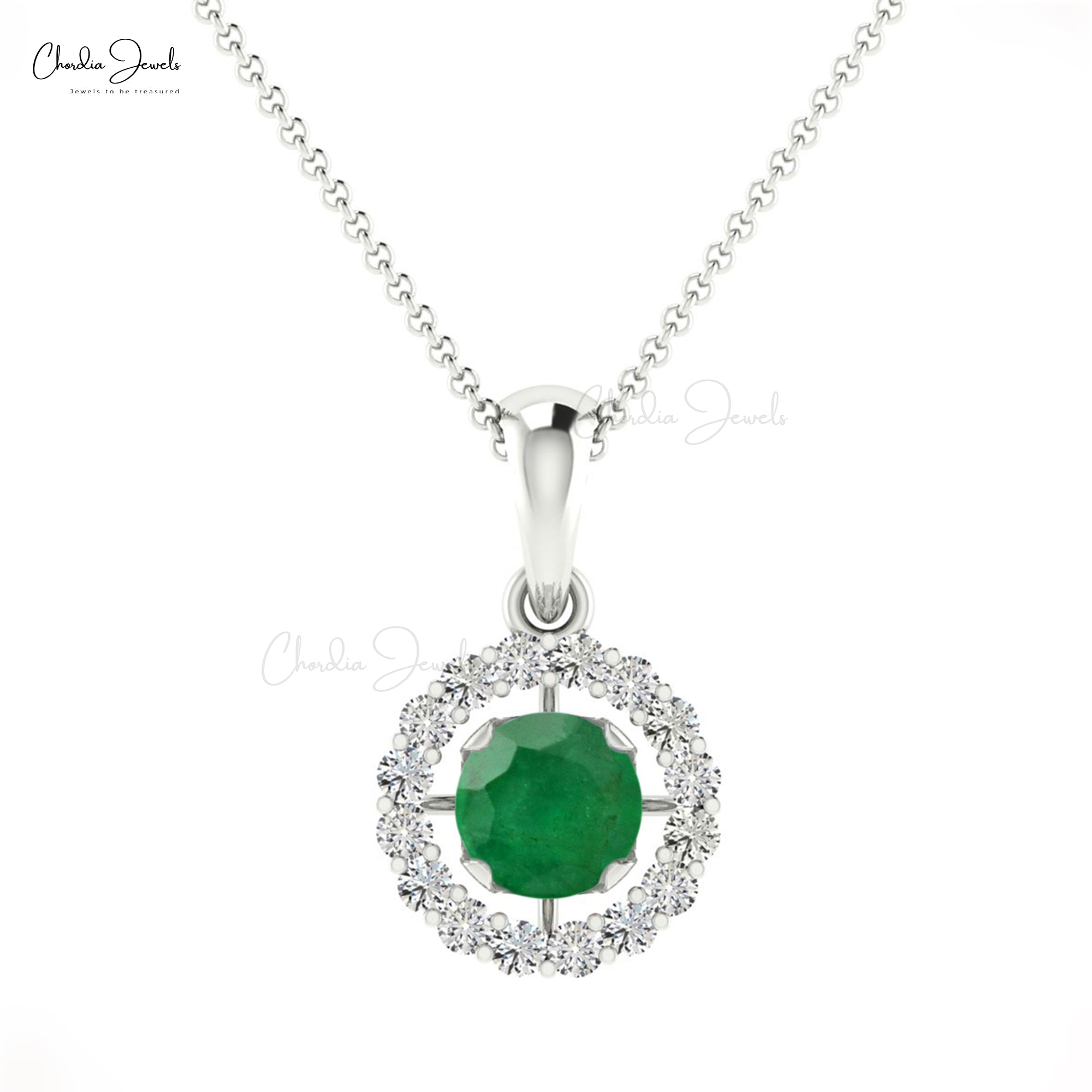 Women’s Halo Pendant With Round Emerald & White Diamond 14k Solid Gold Birthstone Pendant