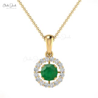 Women’s Halo Pendant With Round Emerald & White Diamond 14k Solid Gold Birthstone Pendant