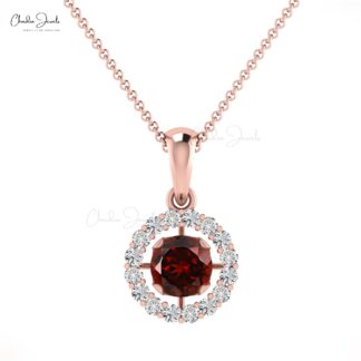 Real 14k Gold Dangling Pendant with 0.35 Ct Red Garnet And Diamond Halo Hallmark Pendant