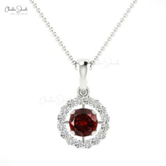 Real 14k Gold Dangling Pendant with 0.35 Ct Red Garnet And Diamond Halo Hallmark Pendant