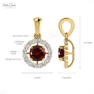 Real 14k Gold Dangling Pendant with 0.35 Ct Red Garnet And Diamond Halo Hallmark Pendant