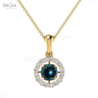 Pure 14k Gold Dangle Charm With 4mm London Blue Topaz Diamond Halo Pendant
