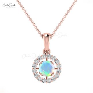 Halo Diamond Pendant in 14k Real Gold With 4mm Round Opal Gemstone Minimal Pendants