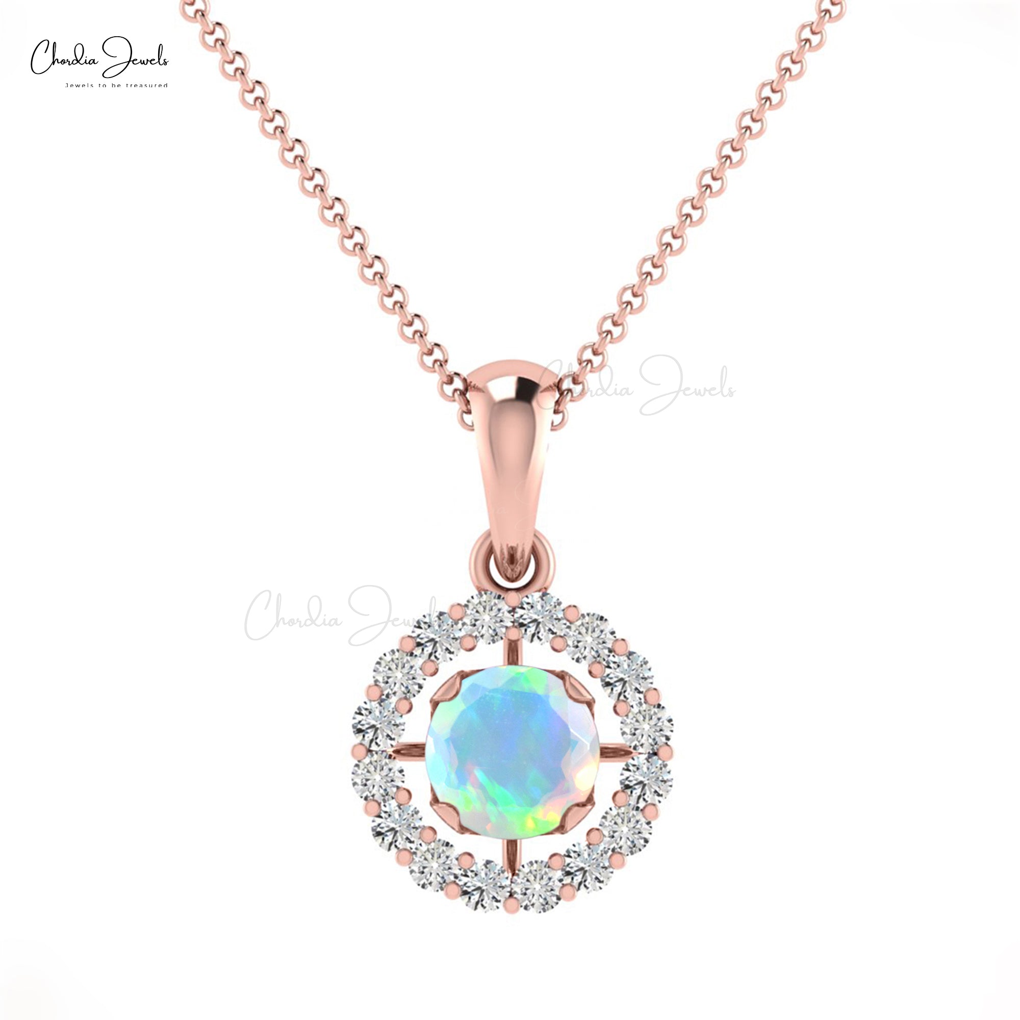 Halo Diamond Pendant in 14k Real Gold With 4mm Round Opal Gemstone Minimal Pendants