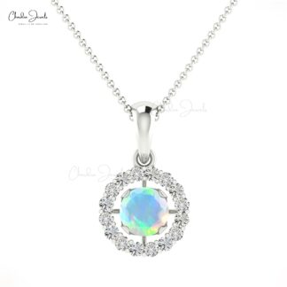 Halo Diamond Pendant in 14k Real Gold With 4mm Round Opal Gemstone Minimal Pendants