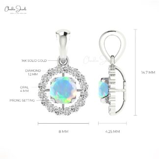Halo Diamond Pendant in 14k Real Gold With 4mm Round Opal Gemstone Minimal Pendants