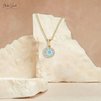 Halo Diamond Pendant in 14k Real Gold With 4mm Round Opal Gemstone Minimal Pendants