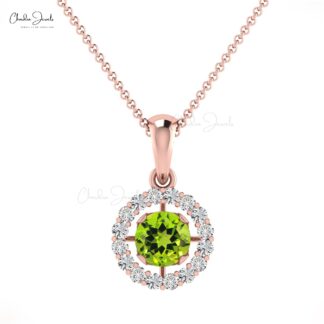Natural Peridot Halo Pendant 0.25Ct Brilliant Round Cut Handmade Pendant 14k Real Gold G-H Diamond Jewelry Personalized Gift For Her
