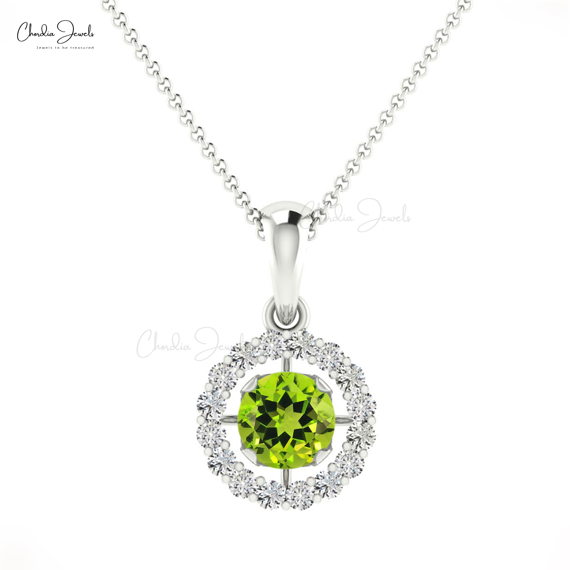 Natural Peridot Halo Pendant 0.25Ct Brilliant Round Cut Handmade Pendant 14k Real Gold G-H Diamond Jewelry Personalized Gift For Her
